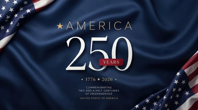 Commemorating america's 250th independence day with elegant "250 years" text on a patriotic blue and flag background.