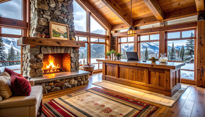 Fototapeta premium Escape to this cozy rustic den with a roaring fireplace and panoramic mountain views. A perfect blend of comfort and productivity, ideal for remote work and luxury travel marketing content.