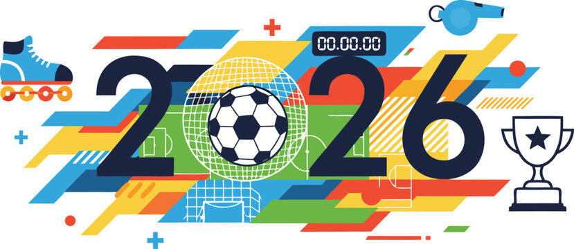 Vibrant colorful illustration design for fifa world cup 2026 with soccer ball and trophy