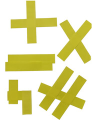 Obraz premium Yellow geometric symbols featuring plus, division, and multiplication signs isolated on white background png