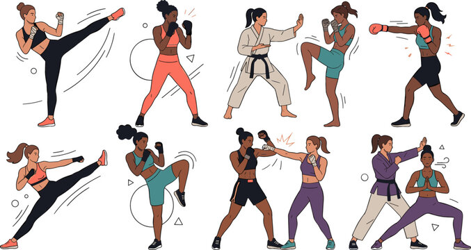 Women martial arts training collection featuring boxing karate kickboxing self defense and fitness workout poses isolated on white background.