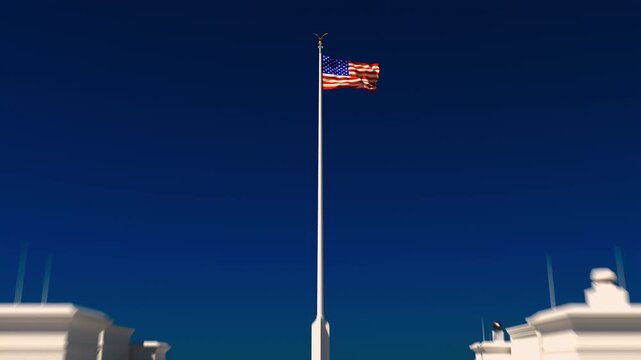 Camera pulls back from the American flag to a wide view of a neoclassical government residence inspired by the White House, cinematic realistic 3D animation.