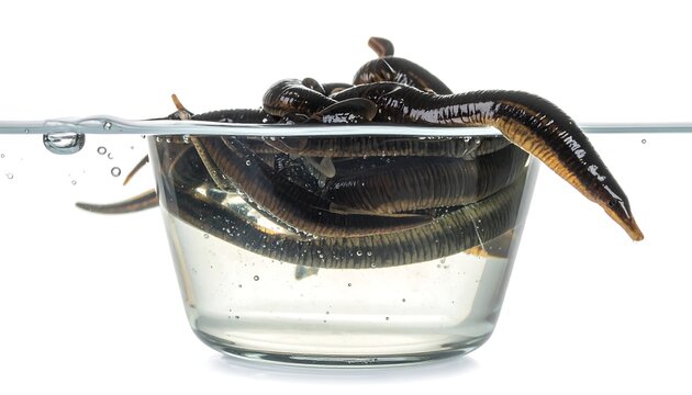 Several dark, segmented invertebrates submerged in a clear bowl of water, with some partially outside. Background is white