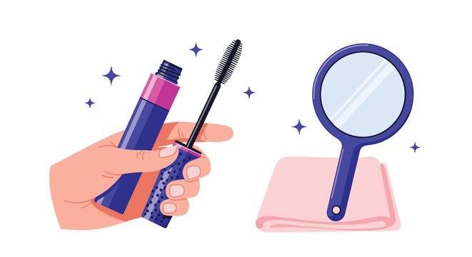 A hand holds a mascara wand near a mirror and a soft towel, highlighting beauty and makeup application in a bright, minimalist setting with blue and pink tones.