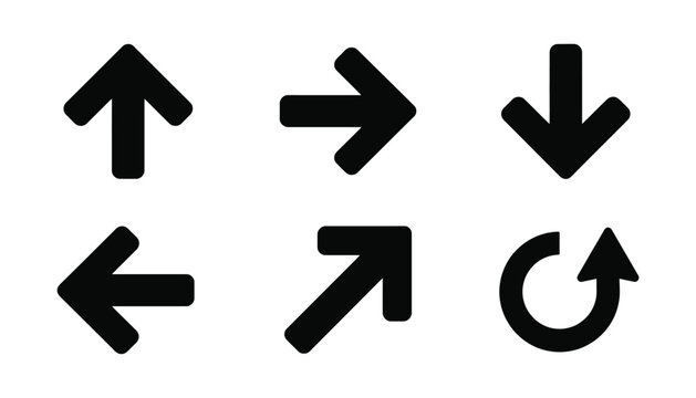 Simple black arrow icon set isolated on checkered background for user interface and navigation design.