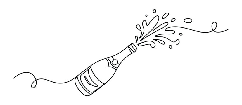 Continuous line drawing of champagne bottle explosion. black linear sketch.