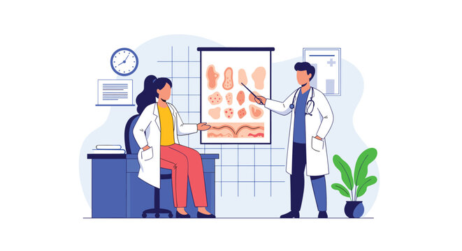 Two medical professionals stand before a wall chart illustrating skin conditions while discussing diagnostic findings in a bright modern office.
