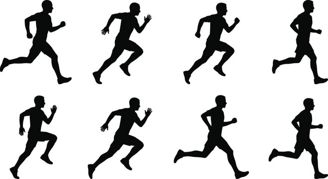 Set of running man silhouettes in sequence showing sprinting, jogging, and stride phases, dynamic motion study isolated on white background, fitness and sport concept.
