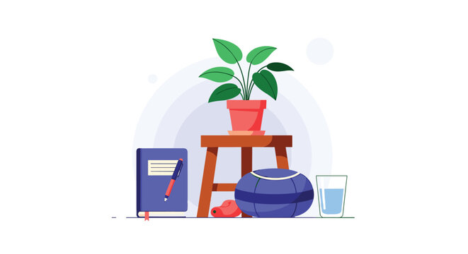 A vibrant green potted plant rests on a rustic wooden stool beside a blue notebook and a glass of water in a serene, minimalist workspace with soft lighting.