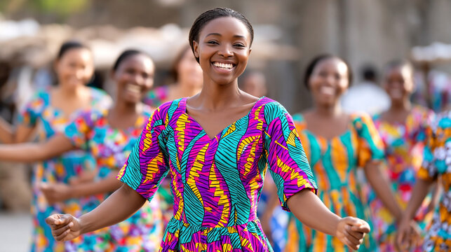 Group of women in vibrant traditional attire dancing joyfully outdoors, showcasing colorful patterns and cultural expressions in a lively community setting