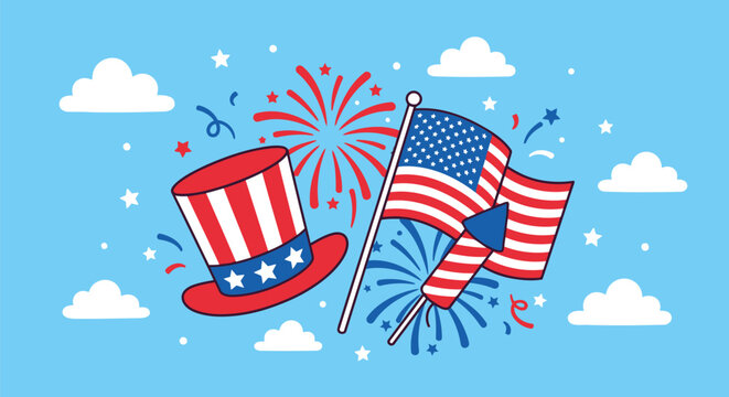 Patriotic top hat with American flag and fireworks display vector illustration for Fourth of July celebration design featuring festive elements in a bright bold flat style for holiday themed projects