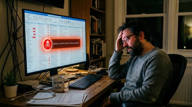 Person at desk overwhelmed by hundreds of red email notifications and security alert