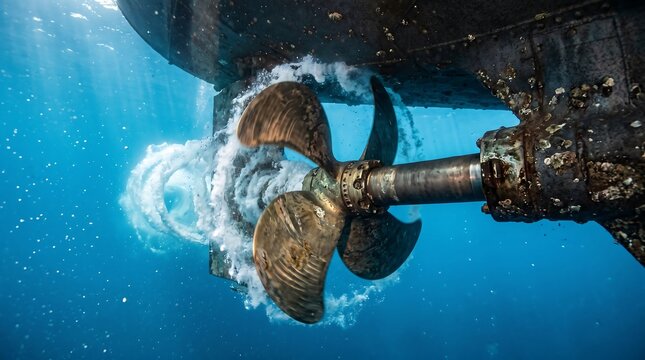 Underwater Ship Propeller Generating Powerful Cavitation and Thrust in Deep Ocean, Excellent for Marine Engineering and Shipping Industry Marketing Materials
