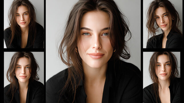 Young woman posing for a multi frame portrait, showcasing a range of natural expressions and candid moments in a studio setting, emphasizing individuality and beauty