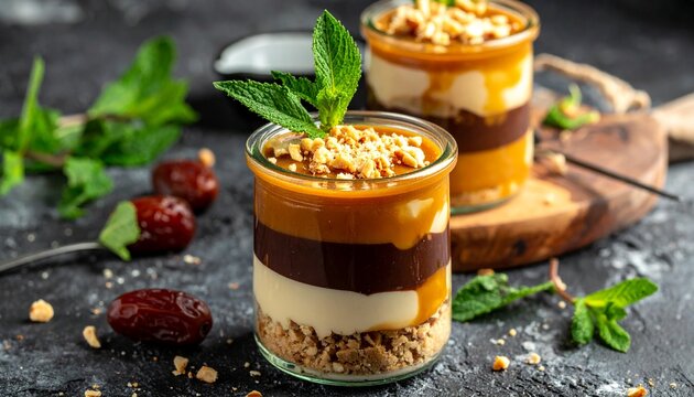 Dattel-Karamell-Dessert mit Schokoladenschicht und gehackten N&uuml;ssen im Glas