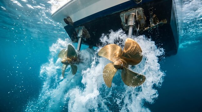 Boat Propellers Underwater dynamic marine propulsion creating powerful wake and bubbles, ideal for boating technology, yachting performance, or luxury adventure travel advertising.