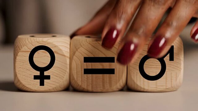 Gender equality concept: wooden blocks with female and male symbols aligned