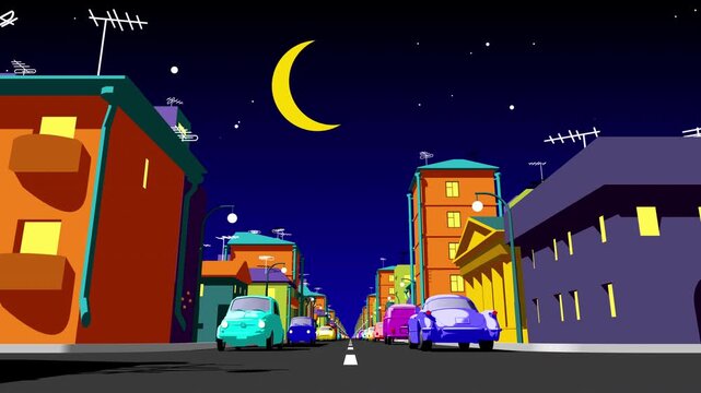 Looped cartoon city animation with colorful cars driving along a nighttime street, vibrant stylized urban scene in playful 3D animation with retro and comic aesthetics.