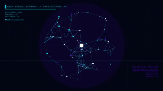 A complex artificial intelligence neural network topology, featuring deep learning nodes connecting and communicating in cyberspace.