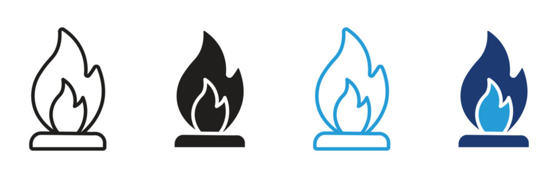 Fire flame icon set. Heat and energy collection. Flame symbol icons in minimal outline style on white background.