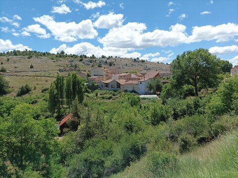 Panoramic view of Fuembellida village nestled in the mountains of Guadalajara, Spain.