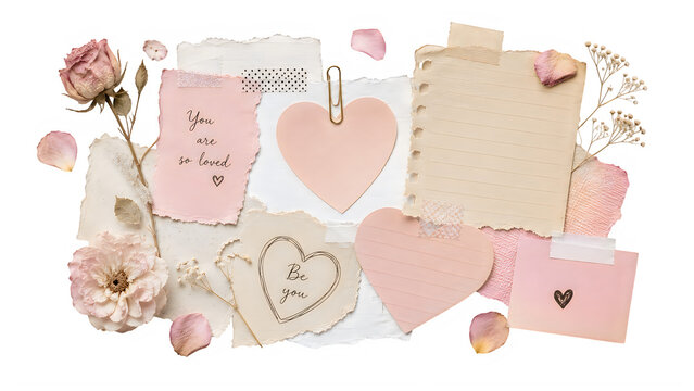 Romantic Valentine's Day Collage, Pink Hearts & Roses, Love Notes, Scrapbook Elements, Vintage Paper Texture, Soft Aesthetic