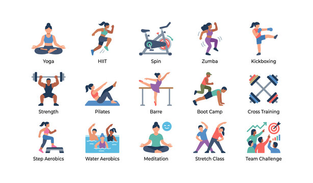 Fitness class icons showing various workout types on white background