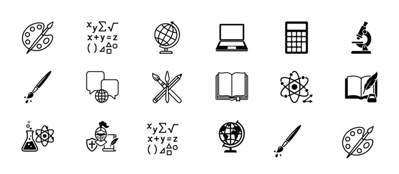 Education icons, science symbols, learning graphics, black and white illustrations