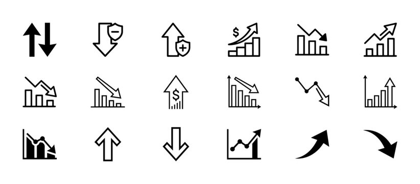 Business Growth Icons, Chart and Graph Symbols, Financial Directional Signs, 20 Black Line and Solid Vector Graphics