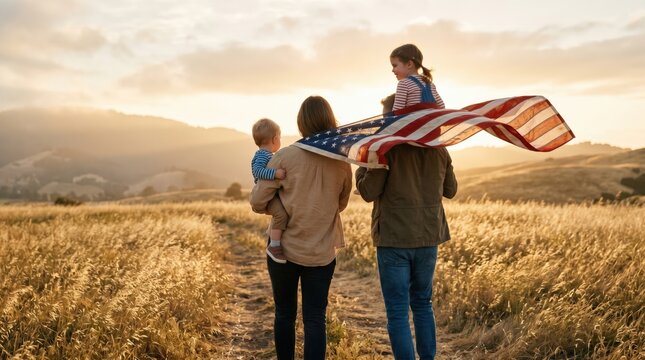 Patriotic family with american flag walks golden field at sunset, celebrating usa's 250th independence day.