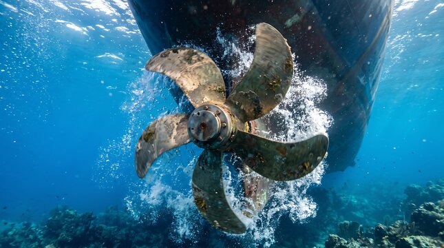 Underwater boat propeller in dynamic motion above vibrant coral reef, showcasing marine propulsion power for ocean travel and engineering advertising.