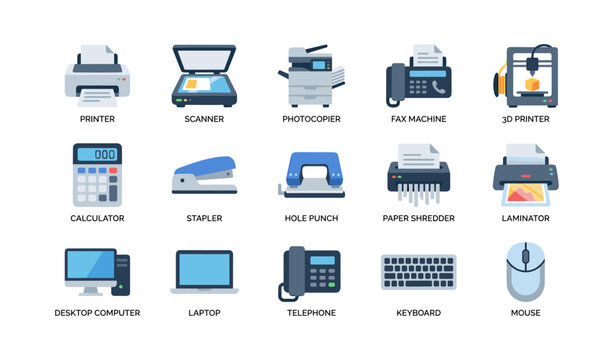 Office equipment icons showing devices on white background