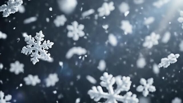 Snowflakes falling gently against a dark background with sunlight