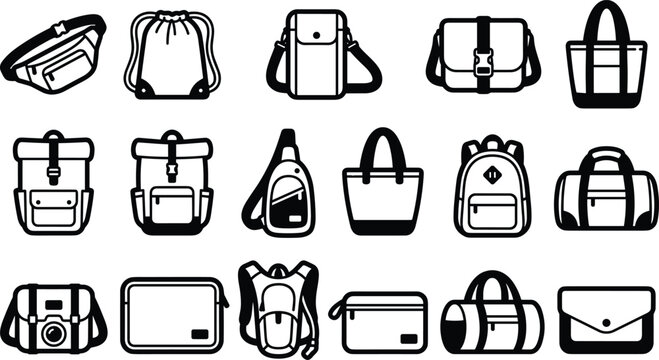 Backpacks and Bags Icons Set for Travel, Fashion, and Everyday Carry Accessories in Digital Designs