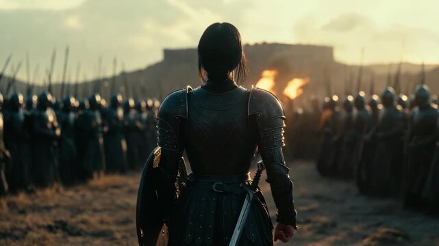 Armored figure facing ranks of soldiers in dramatic cinematic style on open field background, concept of courage and leadership