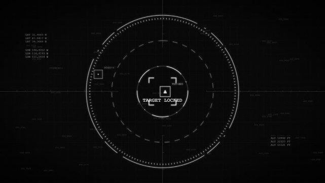 A clean monochrome drone camera HUD, displaying high-tech black-and-white surveillance and targeting metrics.