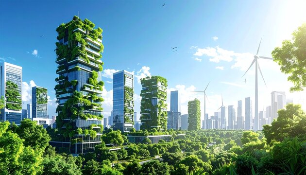 Discover a visionary green city featuring lush vertical gardens on skyscrapers and wind turbines, symbolizing a sustainable future where technology and nature coexist in perfect harmony.
