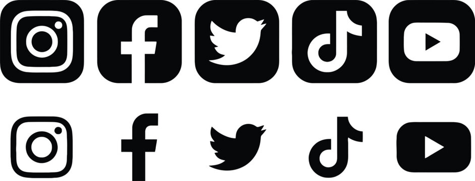 Set of social media and music streaming platform icons in black and white square layout Vector