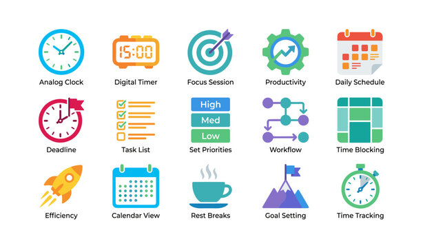 Time icons showing scheduling and productivity on white background