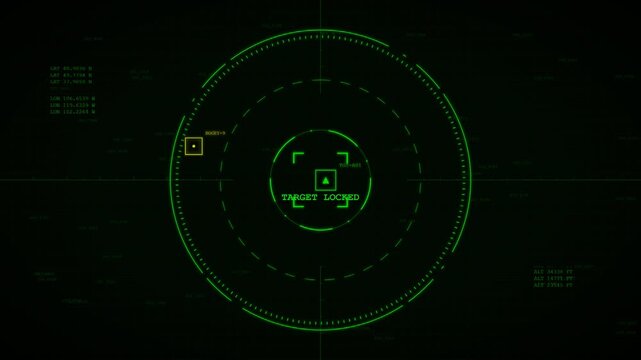 A realistic green night vision HUD target scope, simulating advanced military optics and tracking telemetry.