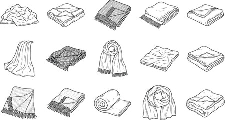 Blanket and Scarf Icons Set for Cozy Home Decor, Winter Accessories, and Textile Illustrations in Digital Designs © MSTSULTANA