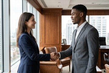 Fototapeta premium A professional handshake between two colleagues in a modern office setting, symbolizing partnership and collaboration.