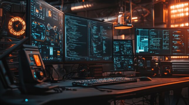 Automation control center with multiple computer screens and coding