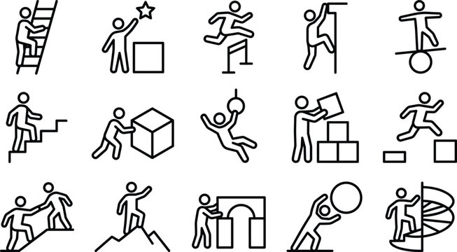 Human Climbing and Physical Activity Icons Set for Fitness, Strength, and Achievement in Digital Designs