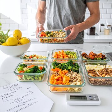 Healthy meal prep concept featuring a man organizing glass containers filled with fresh vegetables and protein. Ideal for fitness, diet, and nutrition blogs focused on wellness and planning.