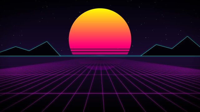 A classic retrowave synthwave wireframe flythrough, soaring over glowing 80s neon mountains toward a digital horizon.
