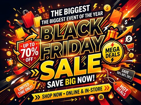 Black Friday sale banner with shopping bags and discount offers on dark background