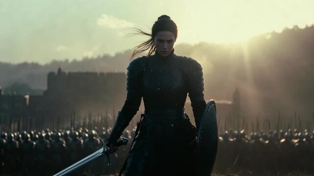 Armored warrior stands before massed troops in dramatic cinematic style on misty dawn field, concept of courage and battle