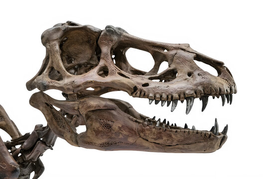 Tyrannosaurus Rex dinosaur skull fossil head with sharp teeth bones transparent background