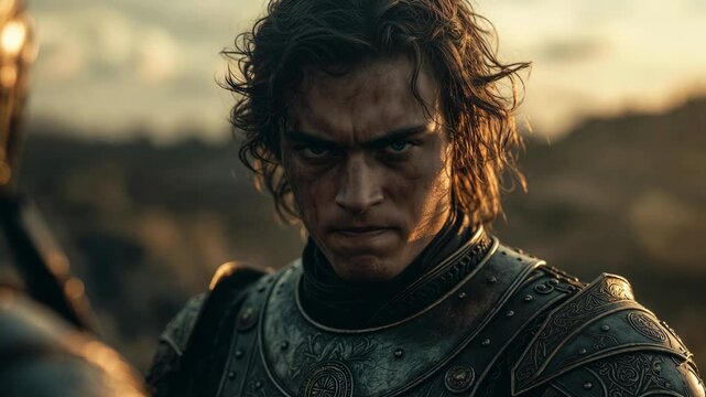 Close-up of a weary armored warrior in a realistic cinematic style against a sunset background, symbolizing courage and conflict
